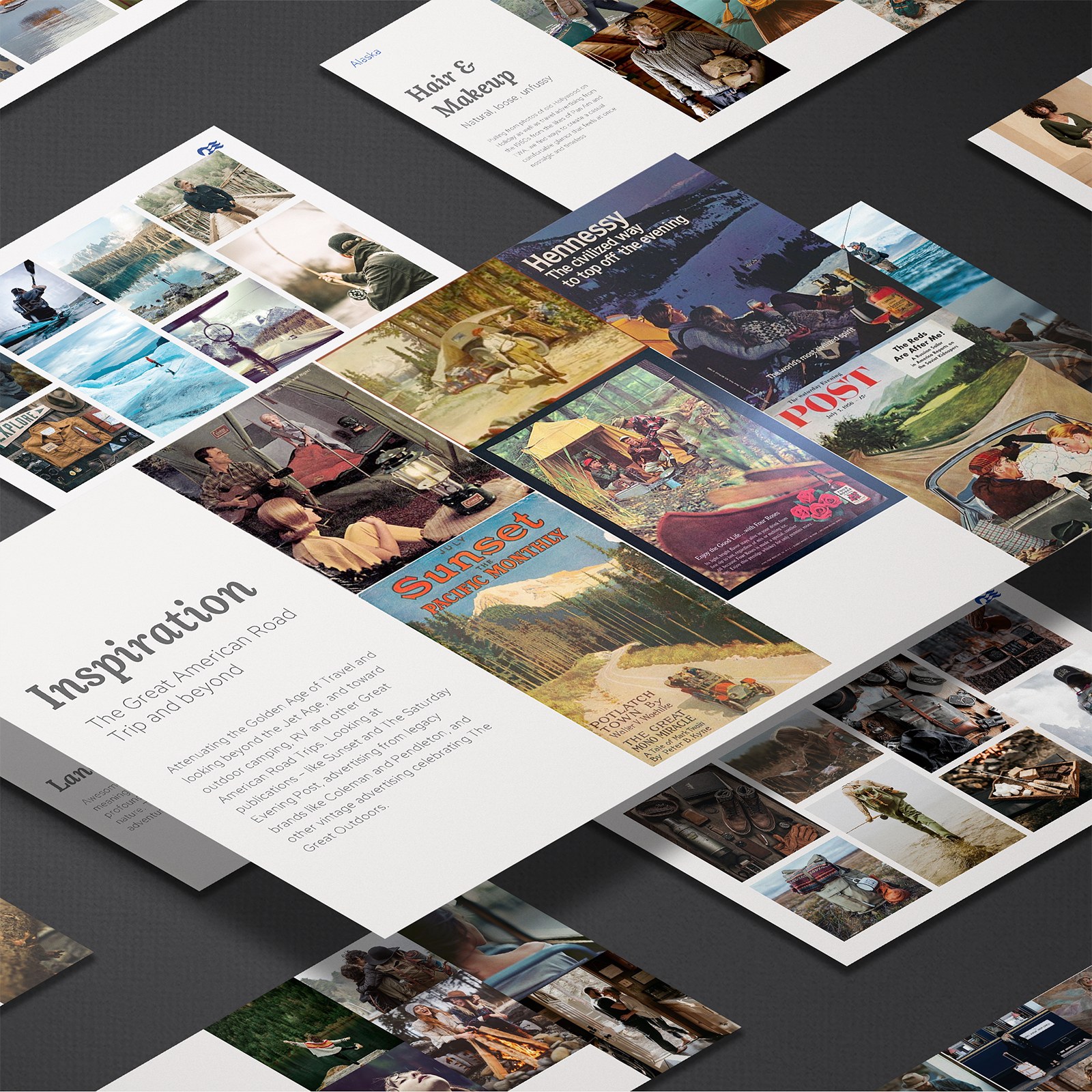 Alaska vision deck laid out in isometric perspective: inspiration, hair and makeup, and vintage Americana reference slides