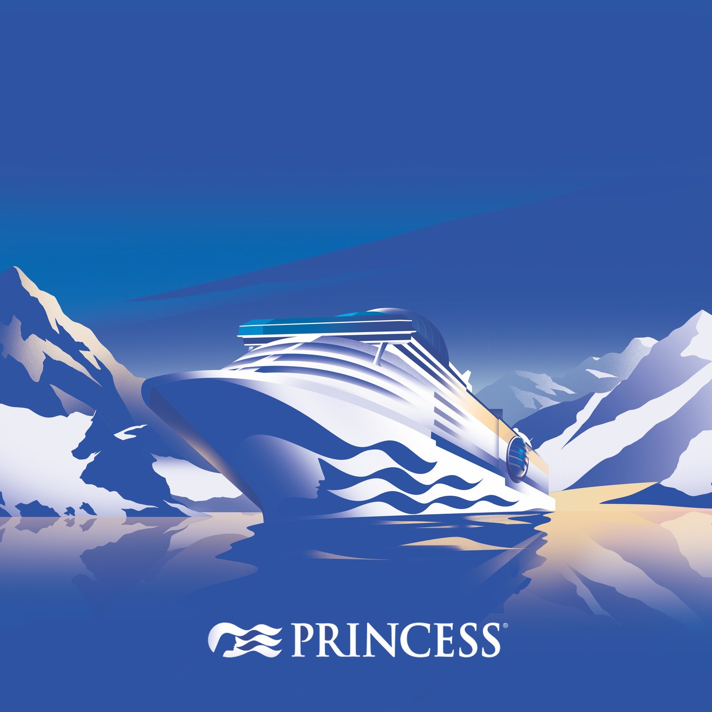 Brand illustration: Sun Princess sailing between snowy Alaskan peaks, with the Princess wordmark