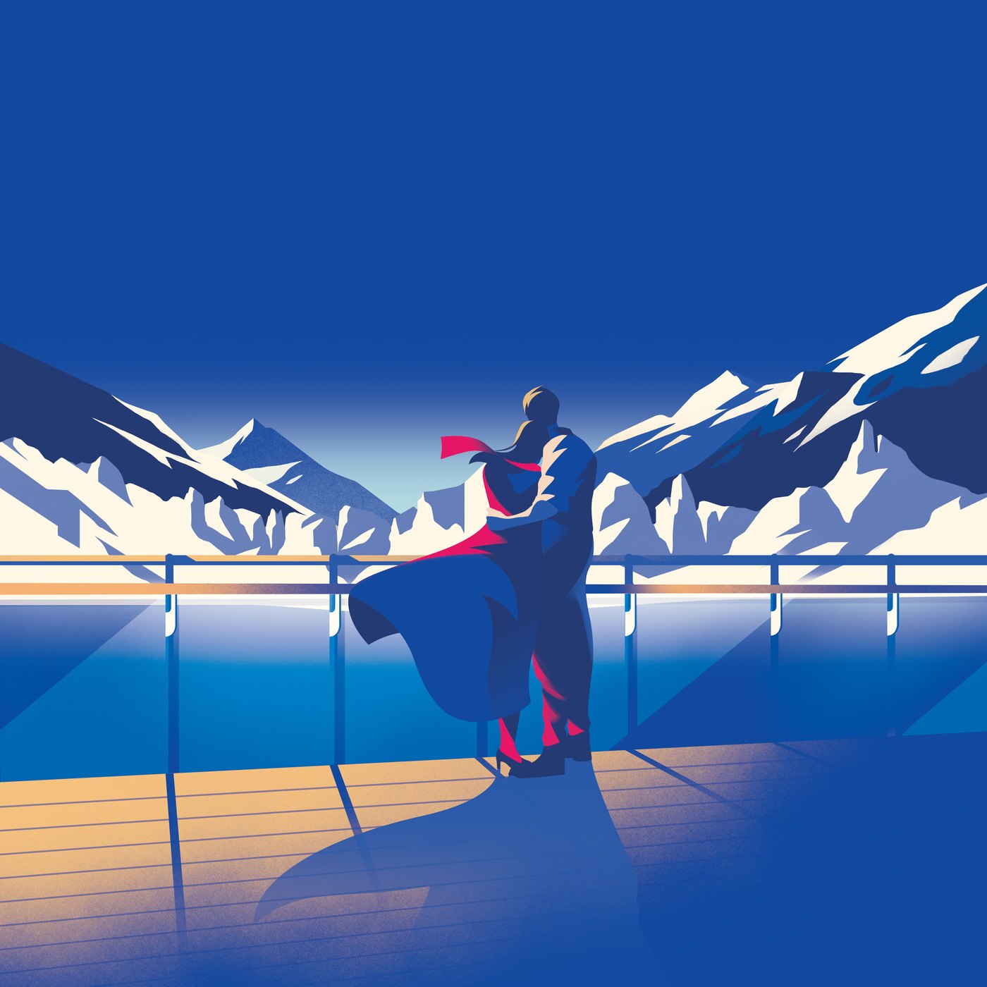 Brand illustration: a couple embracing at a balcony rail above an Alaskan fjord