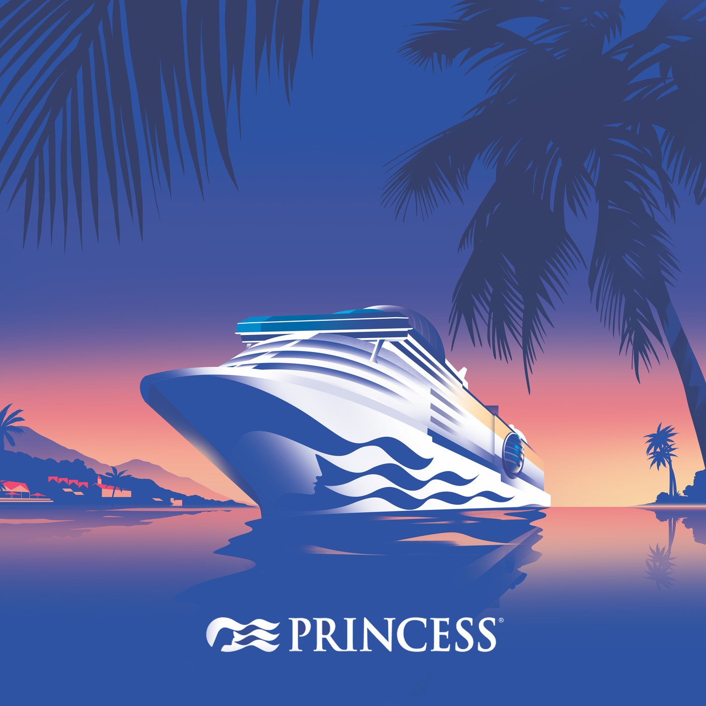Brand illustration: Sun Princess in a Caribbean sunset framed by palm trees, with the Princess wordmark