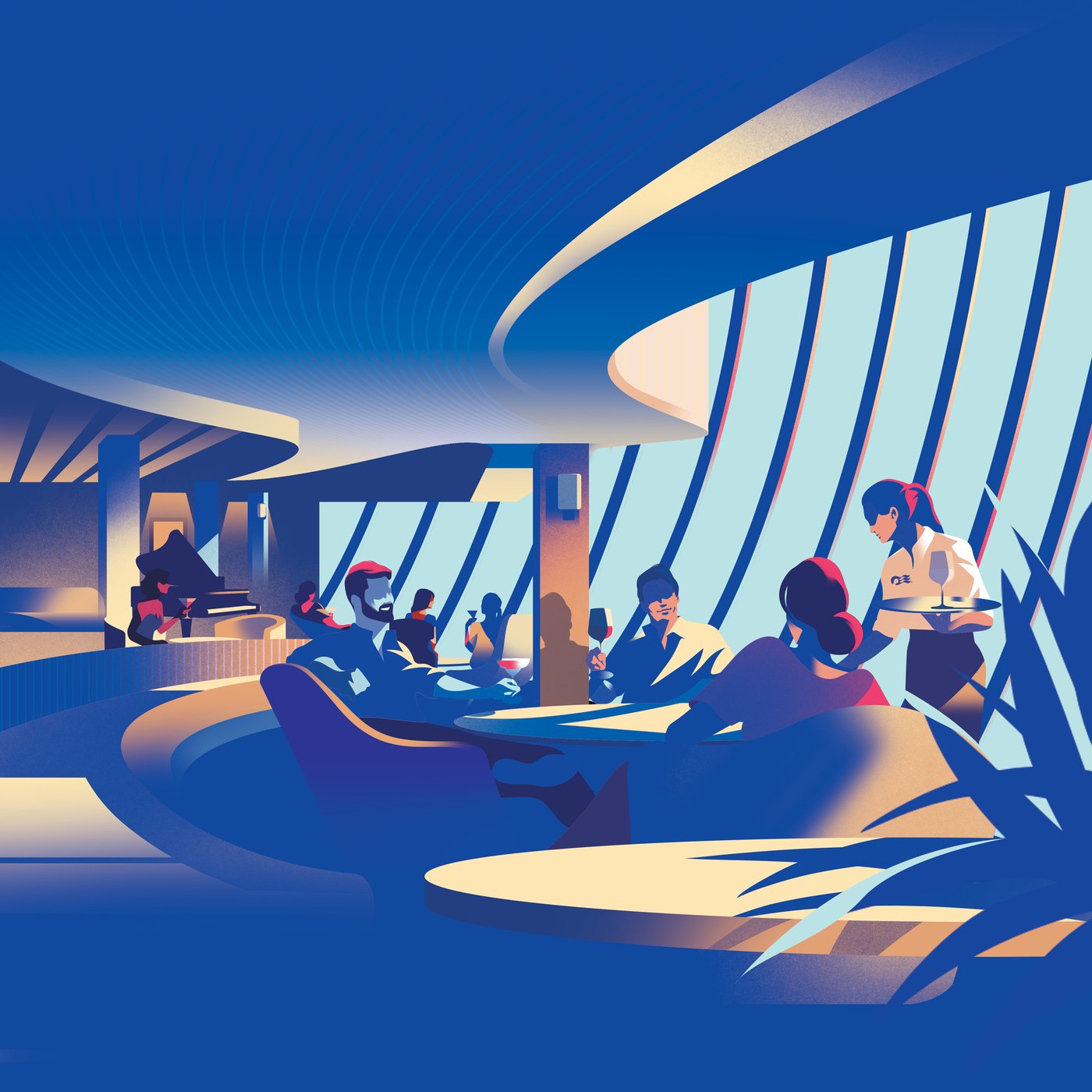 Brand illustration: guests at Crooners bar beneath curved windows, a server carrying drinks