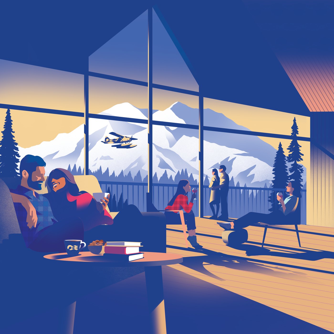 Brand illustration: guests relaxing in the Mt. McKinley Princess lodge, a floatplane passing snowy Denali