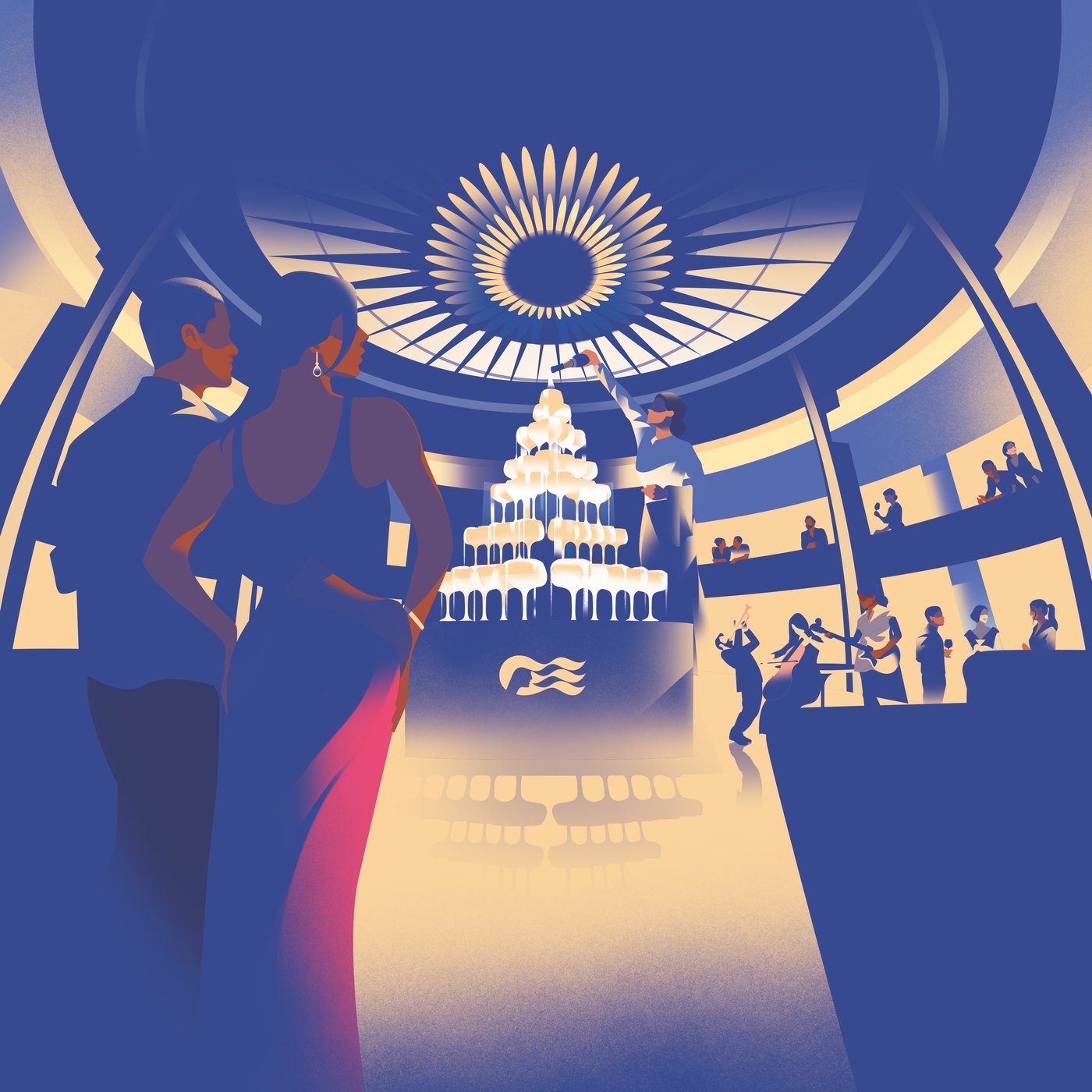 Brand illustration: guests in the Piazza beneath a champagne tower and a sunburst ceiling