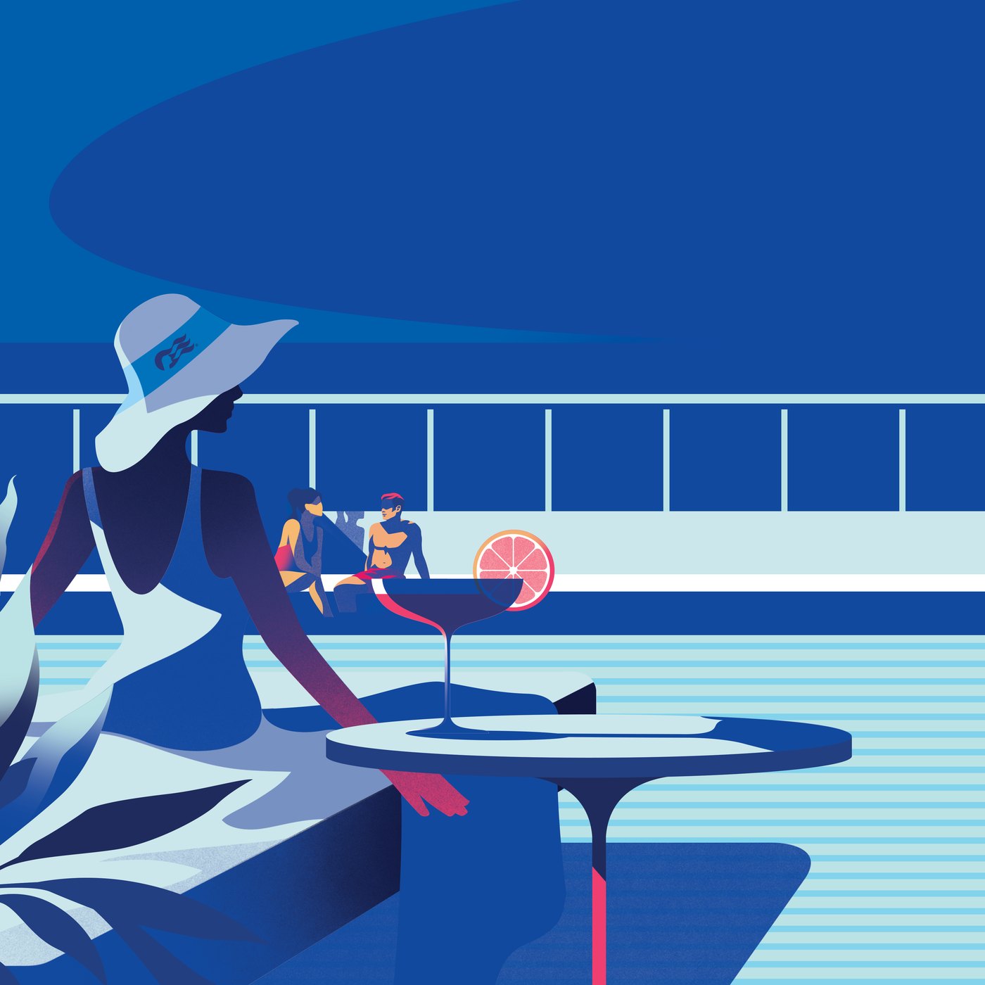 Brand illustration: a guest in a sun hat lounging with a cocktail at the Sanctuary