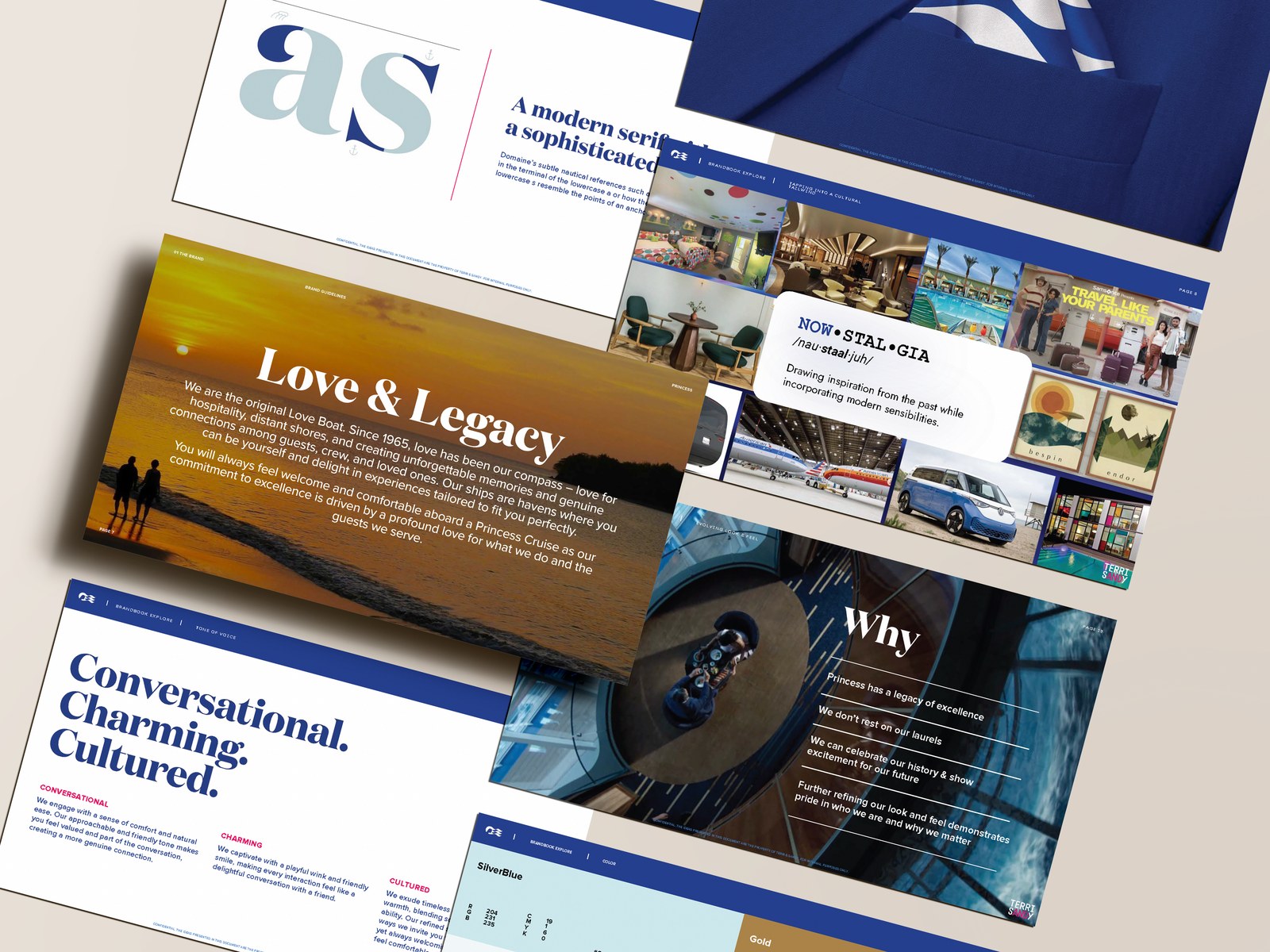 Brand exploration slides spread on a table: Love and Legacy, Nowstalgia, Why, the voice framework, and type and color pages