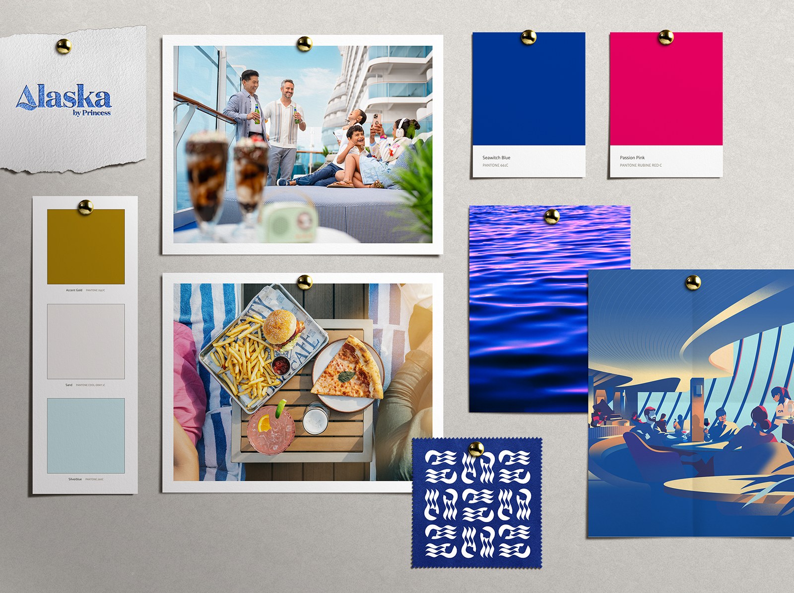 Pinned mood board: onboard lifestyle and food photography, the Crooners illustration, a Brand Sea texture, a Seawitch pattern swatch, the Alaska by Princess logo, and color chips for Seawitch Blue, Passion Pink, Accent Gold, Sand and Silverblue