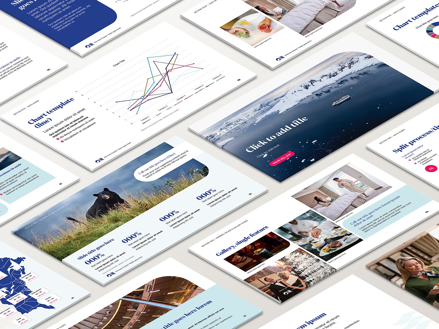 Princess PowerPoint template layouts laid out in perspective: title, chart, gallery, stat, timeline and map slides